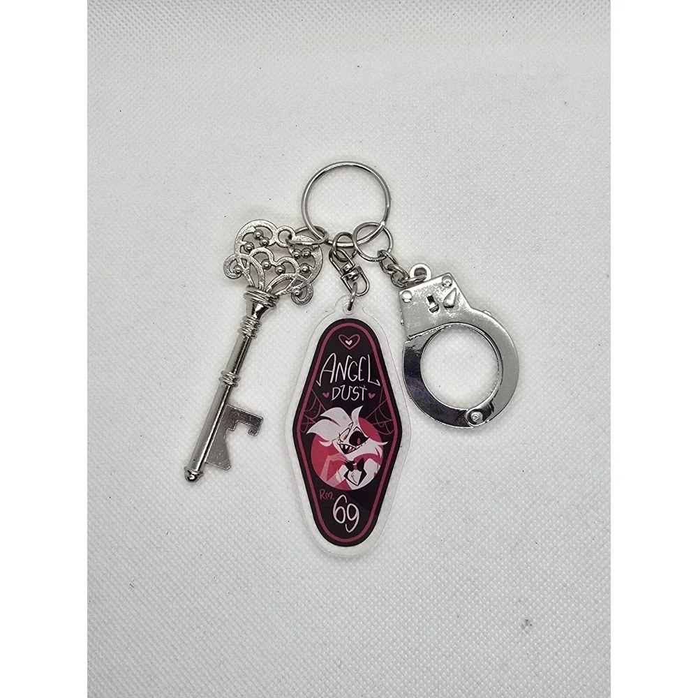 Angel Dust Hazbin Hotel Keychain,  with bottle opener key, and handcuff HANDMADE